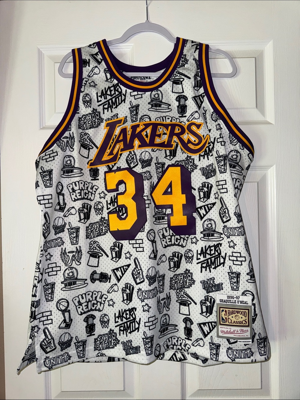 Mitchell & Ness Lakers #34 White/Purple/Gold Graphic Jersey